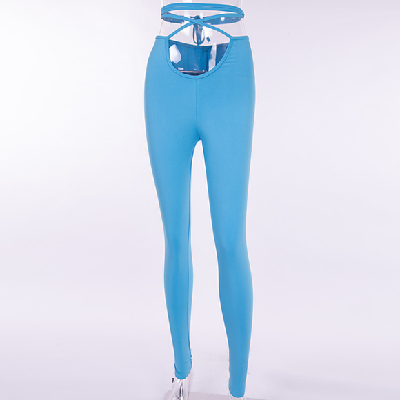 Blue Retro Tie Strap High Waist Leggings - Picture 7 of 7
